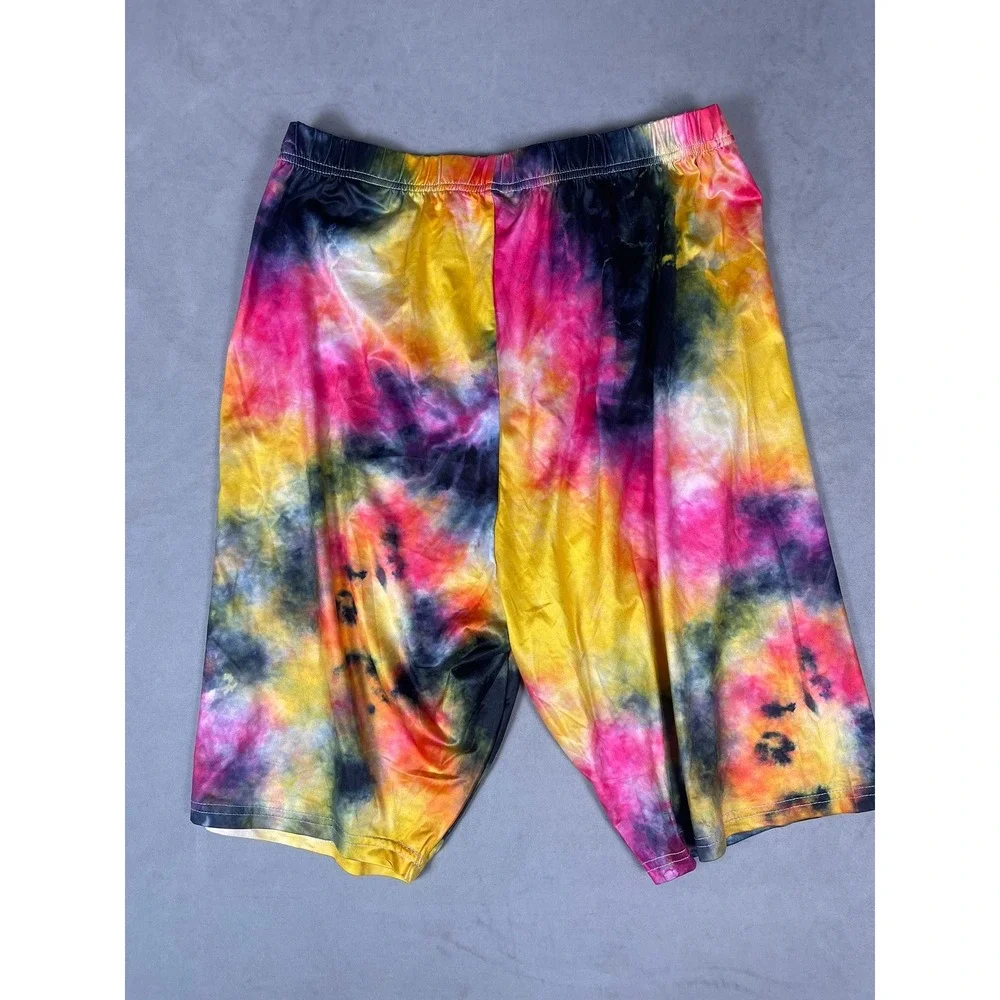 Tie Dye 2 Piece Set Womens 2XL Pink Yellow Black Crop Tie Front Top Biker Shorts